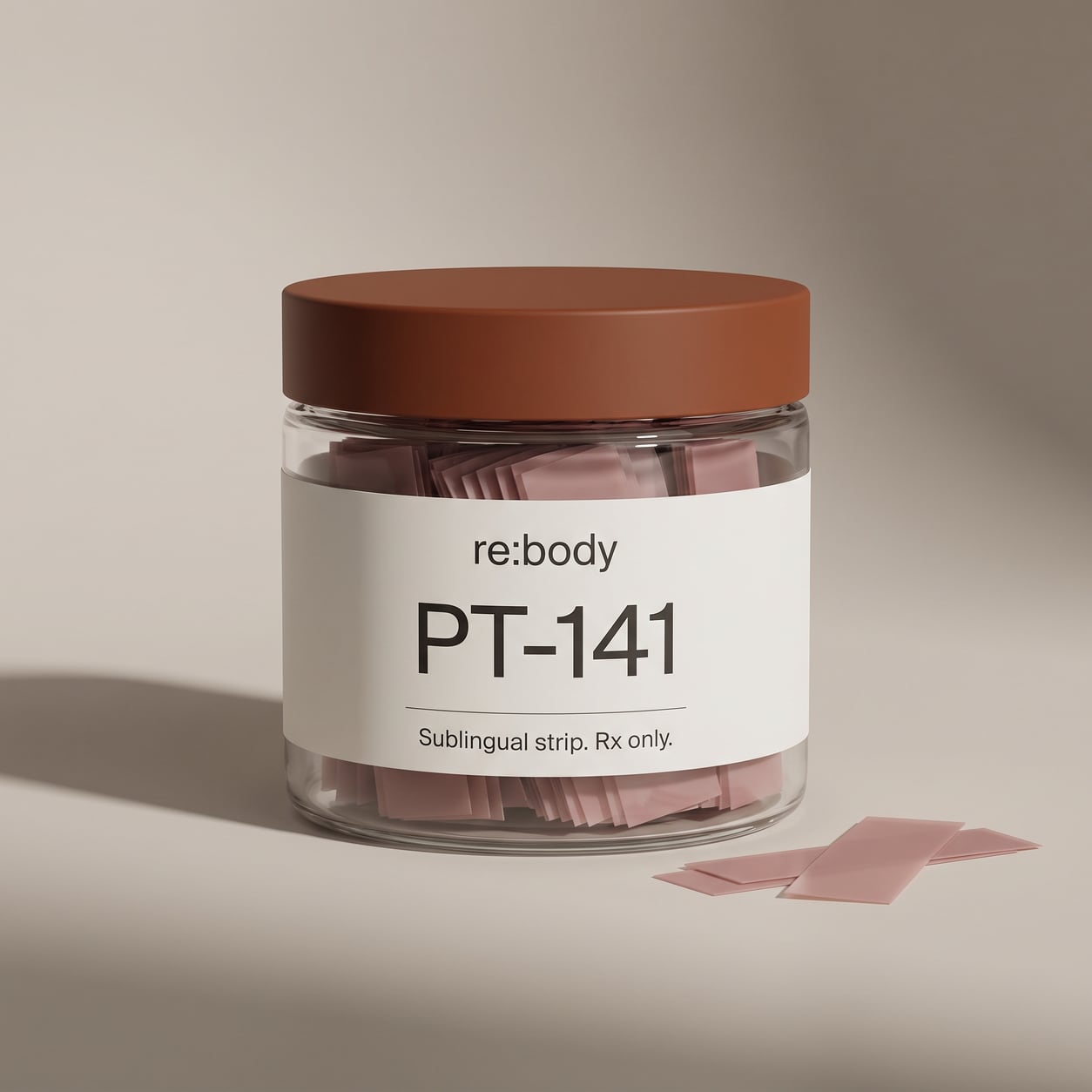 A flat white carton of PT-141 sublingual strips with one thin strip resting in front of it.