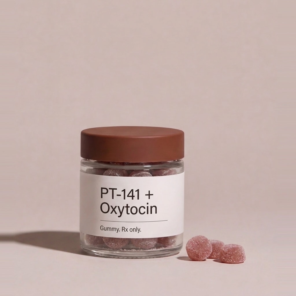 A clear glass jar of rose-coloured PT-141 + oxytocin gummies with a rust-brown lid, three gummies resting beside it.