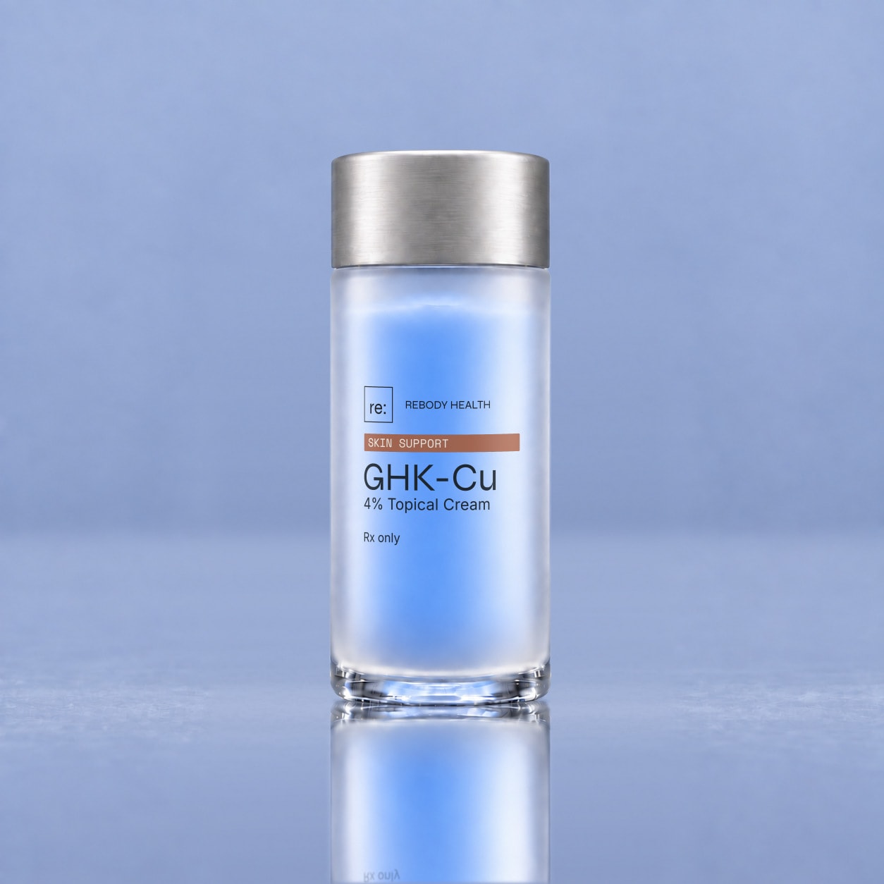 GHK-Cu 4% blue cream in a frosted airless-pump container.