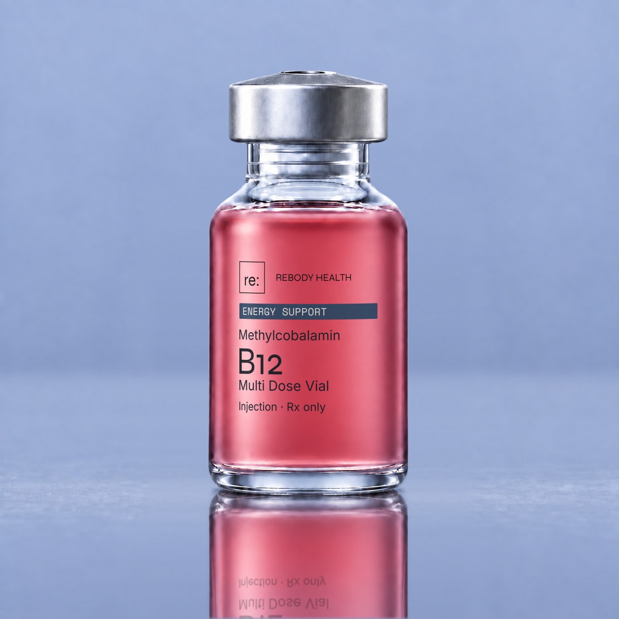 Rebody methylcobalamin B12 frosted vial with muted red liquid.