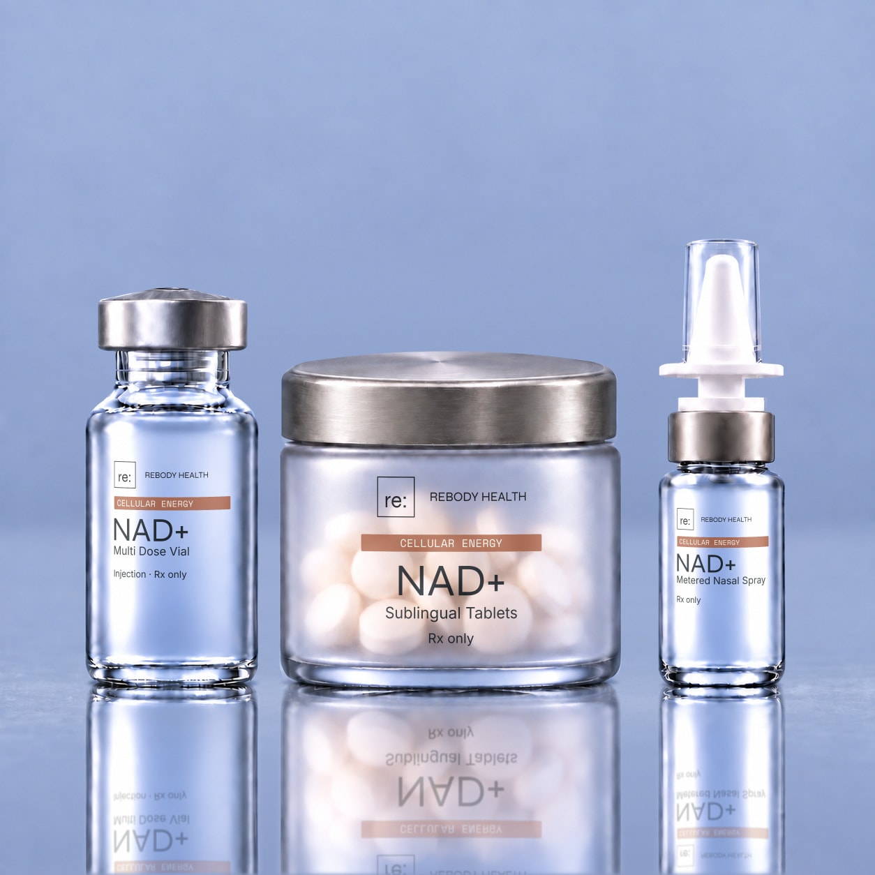 NAD+ injection vial, nasal spray, and sublingual tablets.