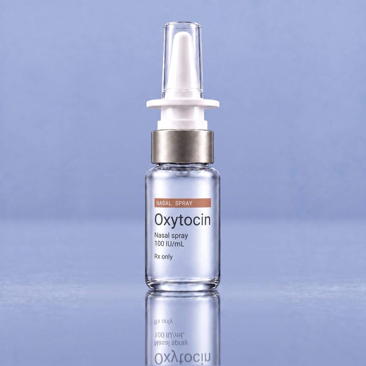 A clear glass oxytocin nasal spray bottle with a silver collar, a white pump, and a clear cap.