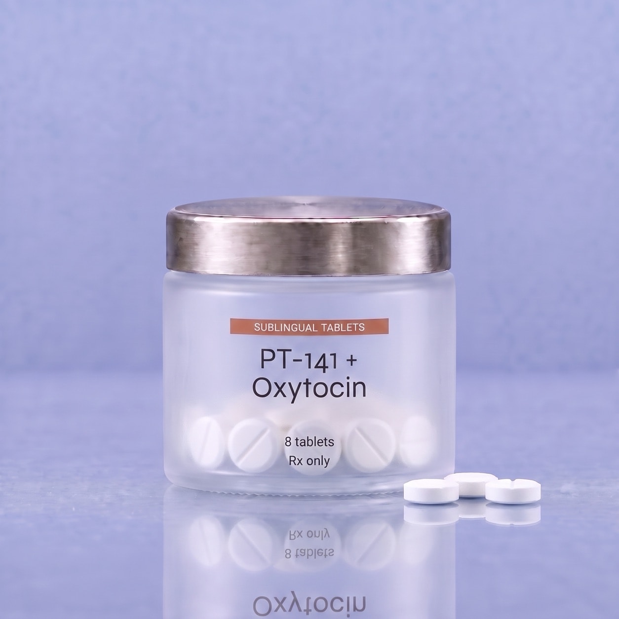 Small white PT-141 + oxytocin sublingual tablets in a frosted jar with a brushed silver lid, with three tablets beside it.