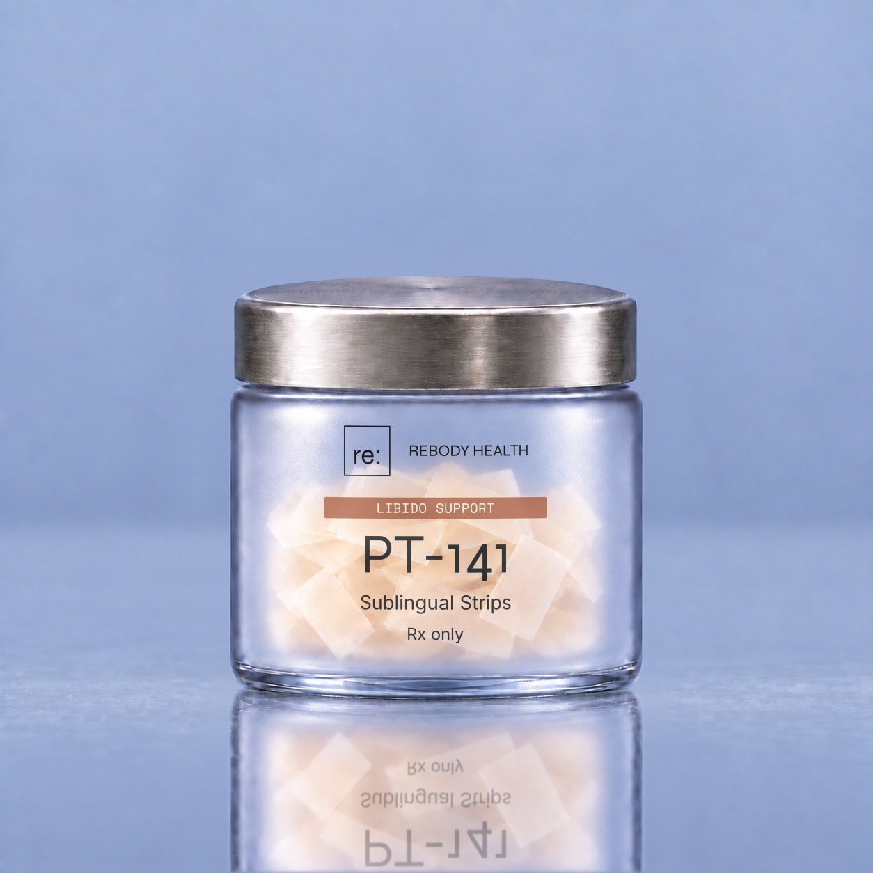 Rebody PT-141 thin sublingual film strips inside a wide frosted jar.