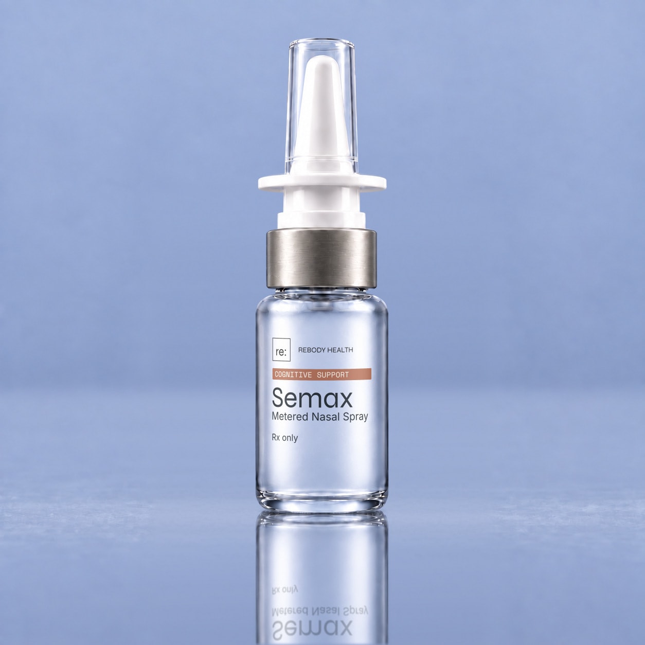 Rebody Semax frosted nasal spray bottle on a glossy slate-blue surface.