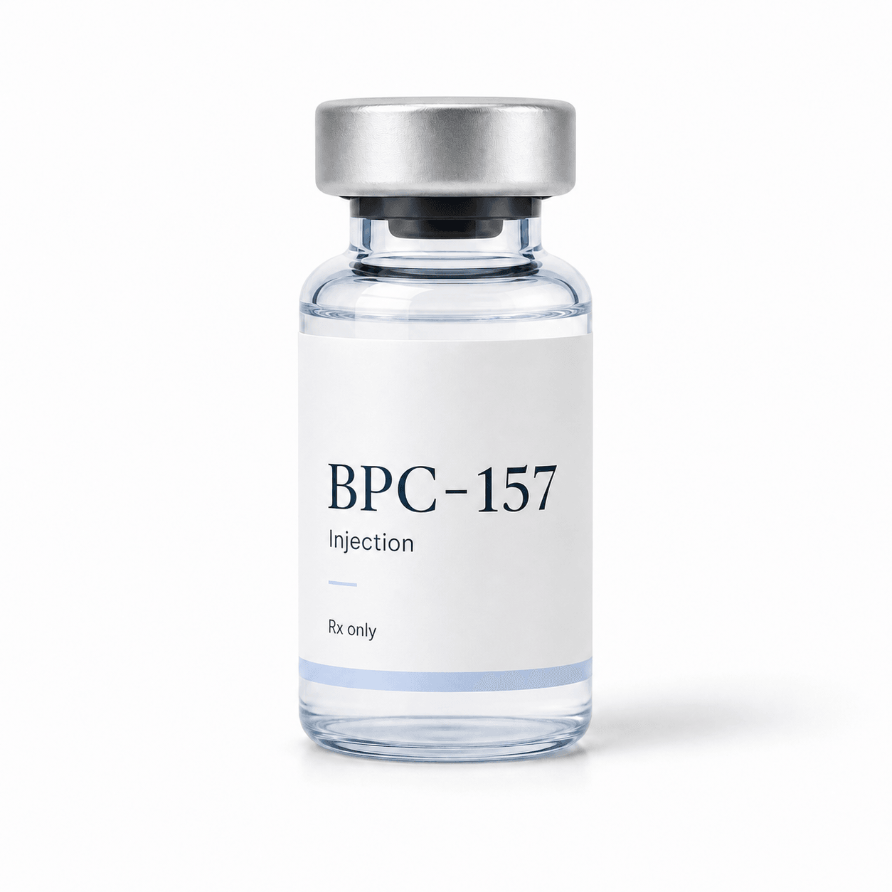 Clear BPC-157 injection vial with silver cap and white demo label.