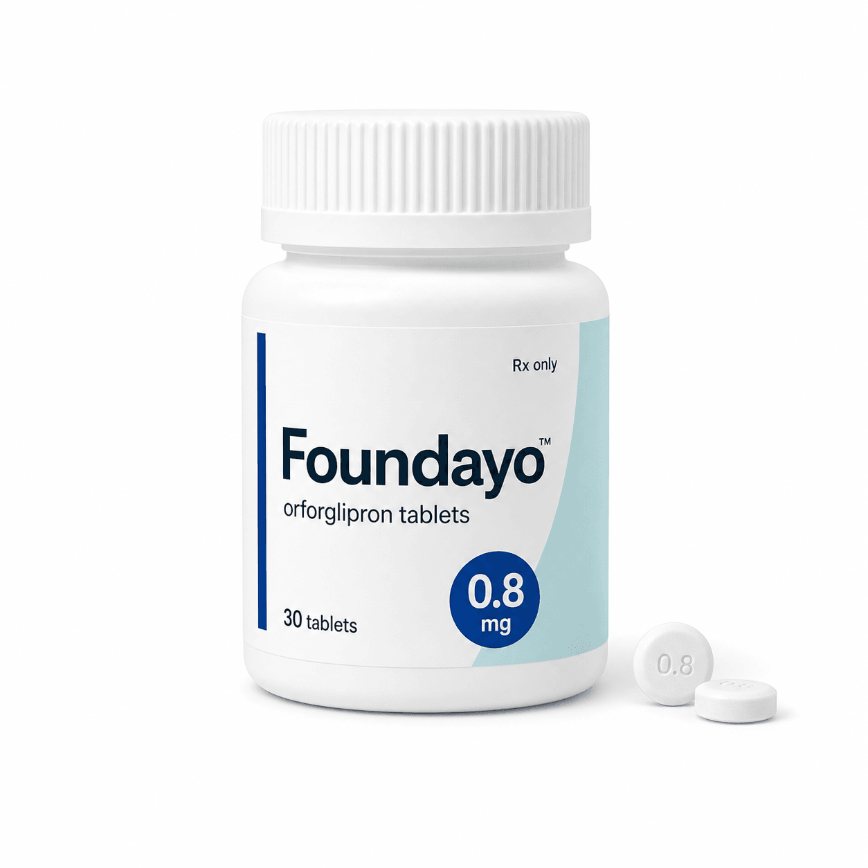 Current Foundayo tablet bottle and tablet.