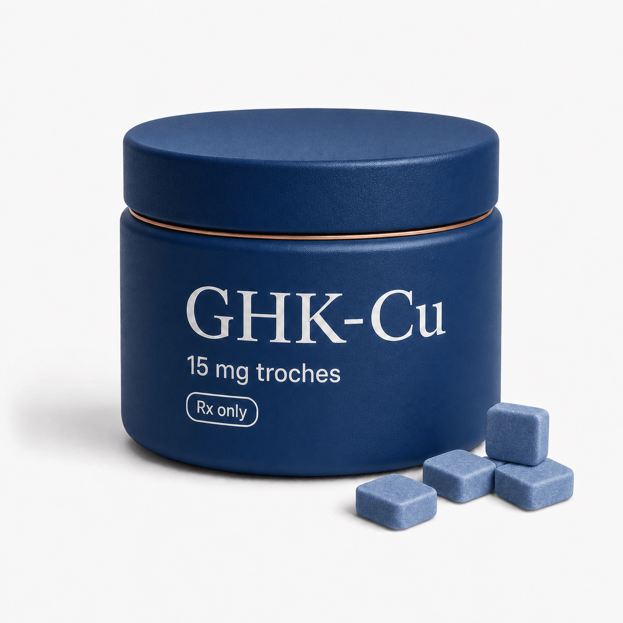 Mineral-cobalt jar labeled GHK-Cu 15 mg troches with muted blue troches on a seamless background.