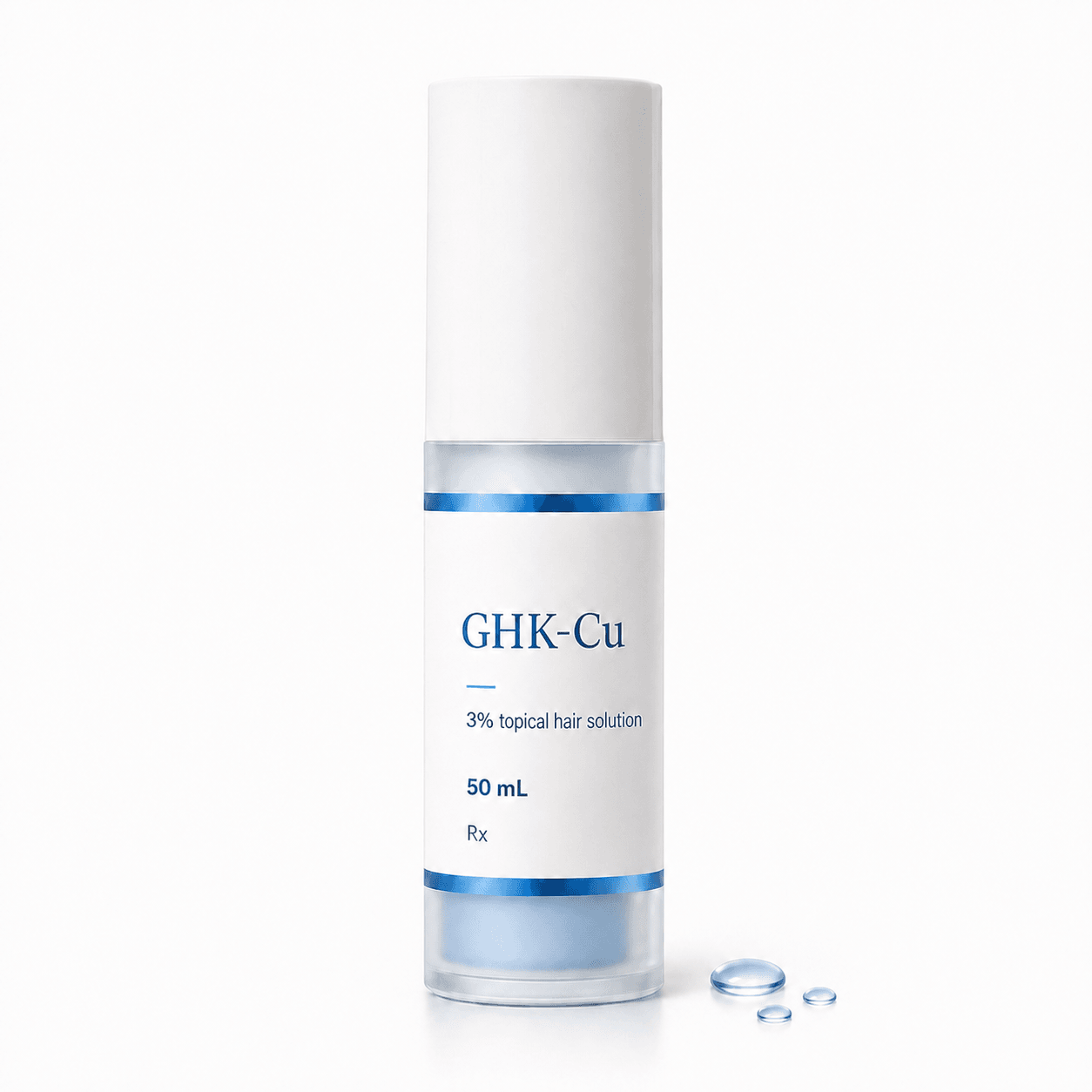 Concept bottle labeled GHK-Cu 3 percent topical hair solution, 50 mL, on white.