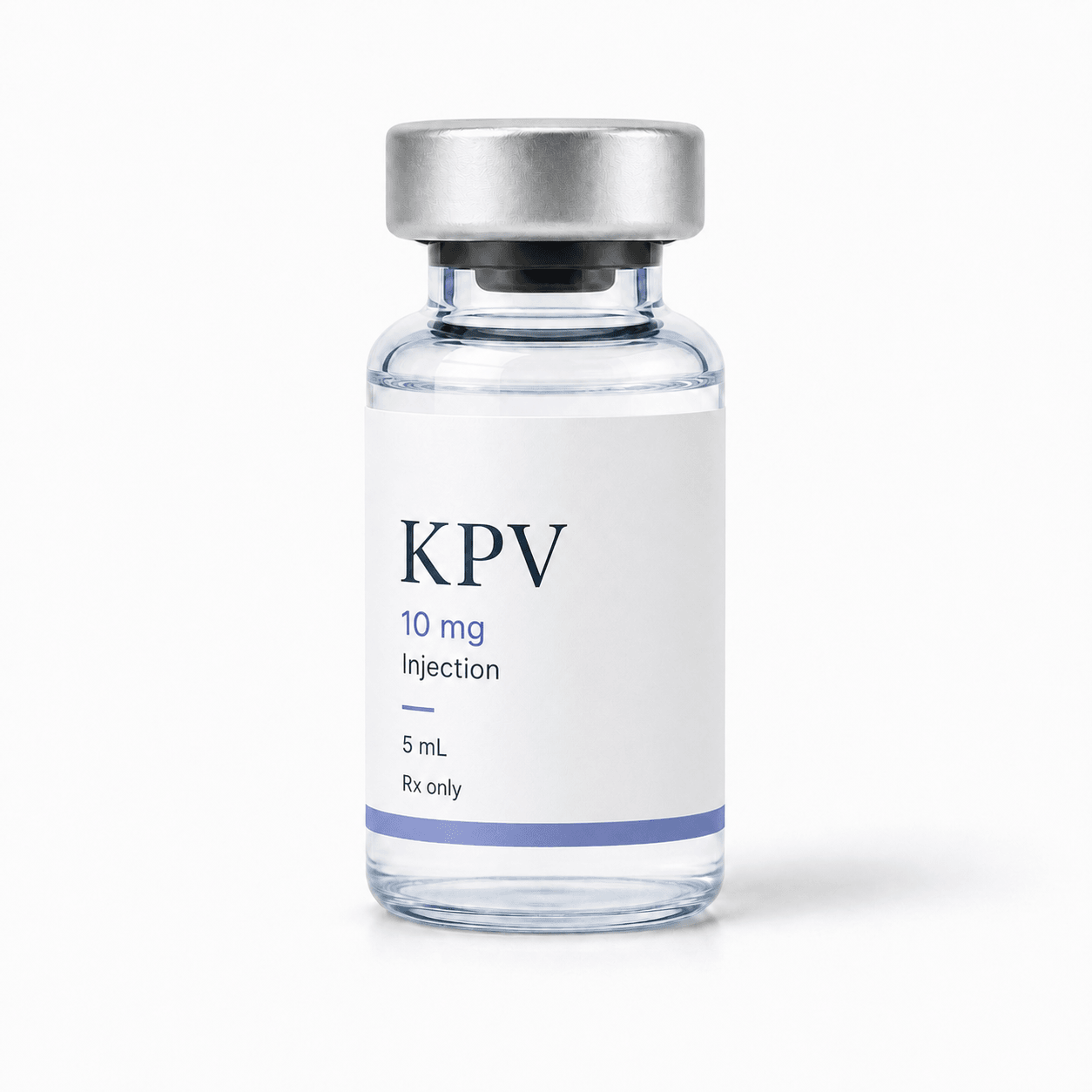 Clear vial labeled KPV 10 mg injection on white.