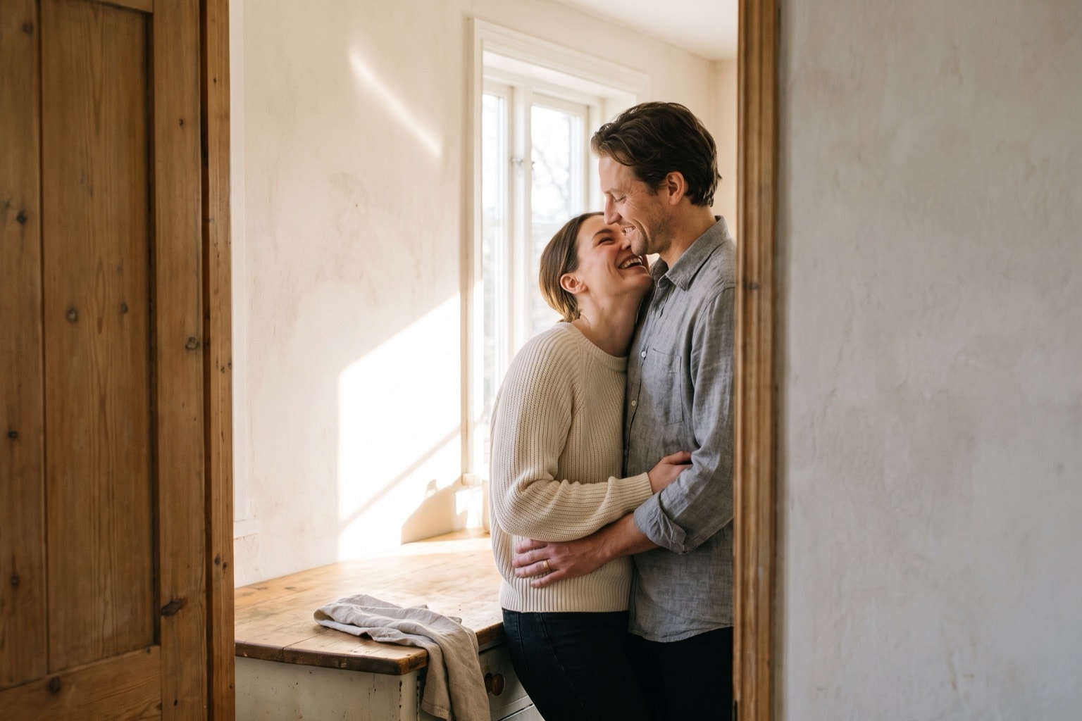 An adult couple embracing and laughing in a sunlit kitchen, framed by a wooden doorway.