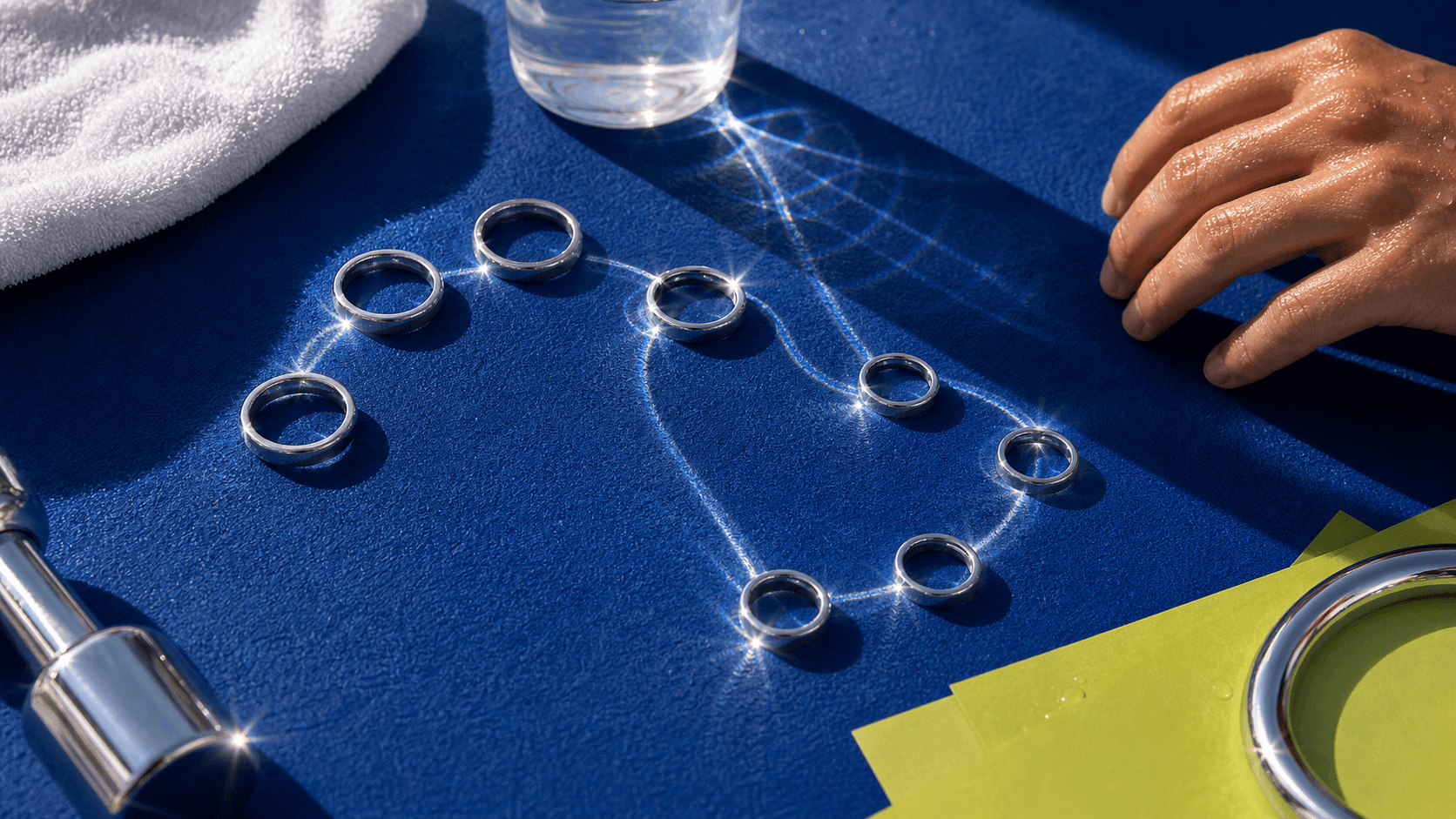 Chrome rings and water caustics on a cobalt athletic surface suggesting NAD+ cellular energy and a repeatable routine.