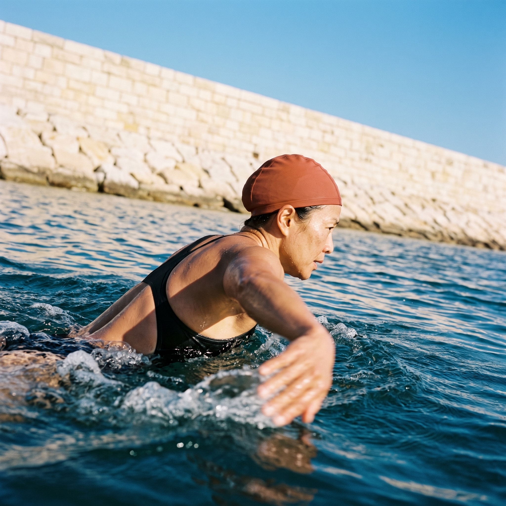 Open-water swimmer moving beside a pale rock shelf.