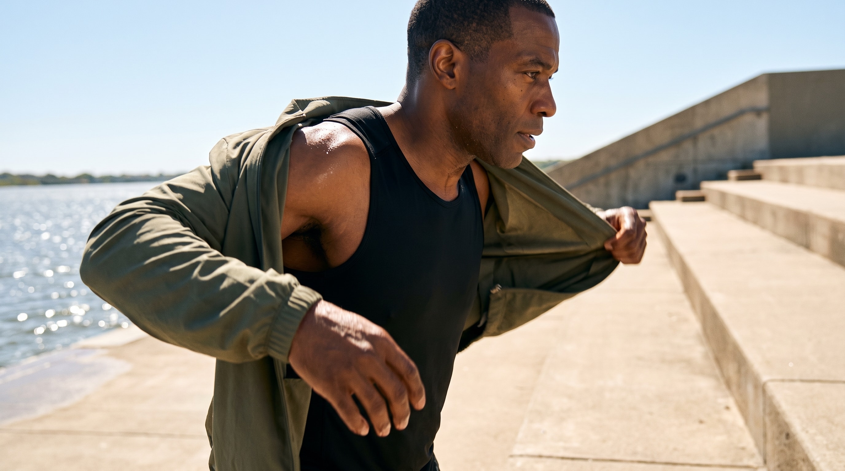 Athlete pulling on a jacket beside a sunlit waterfront staircase.