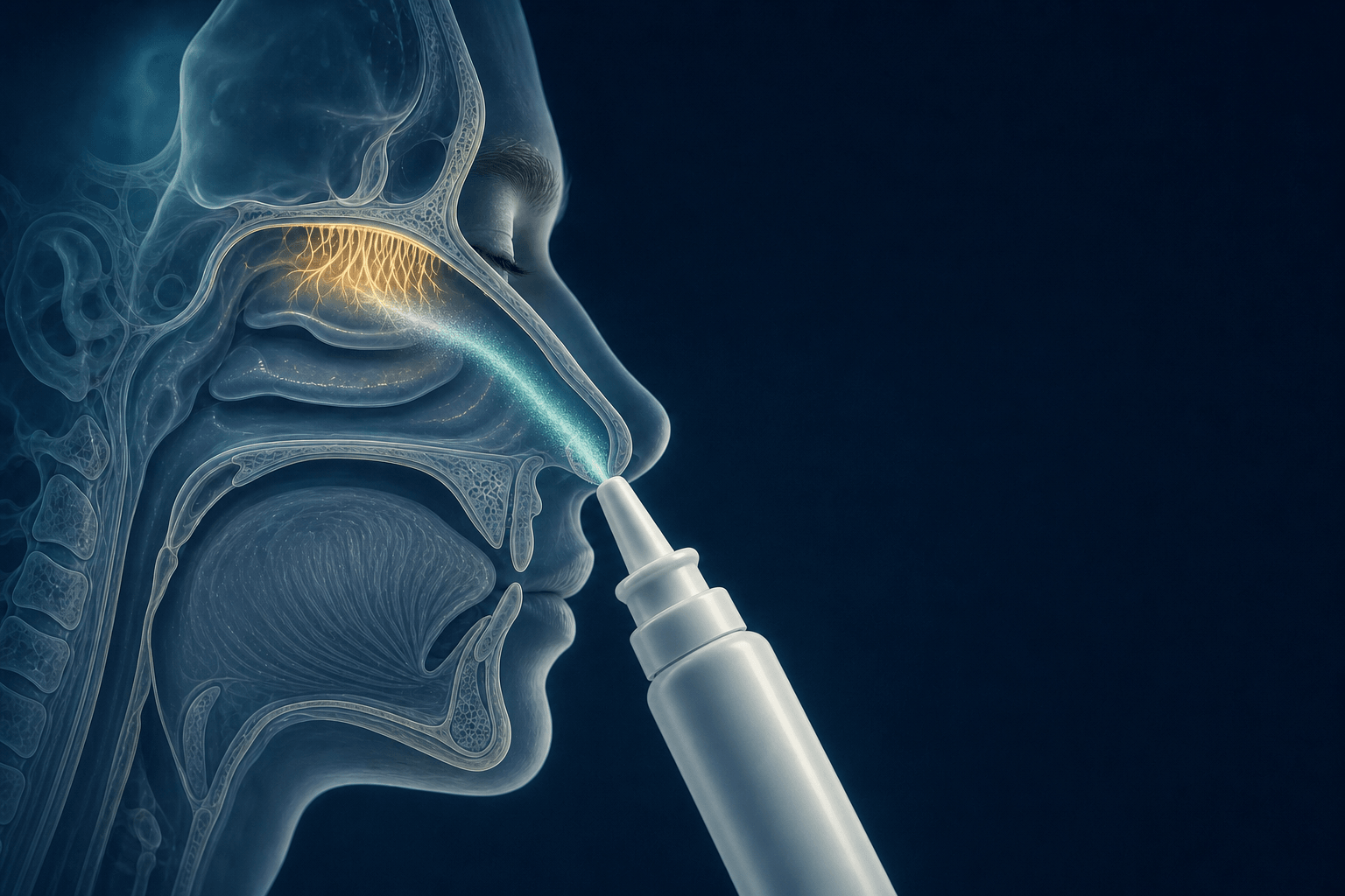 Nasal anatomy showing a metered spray entering the nasal cavity.