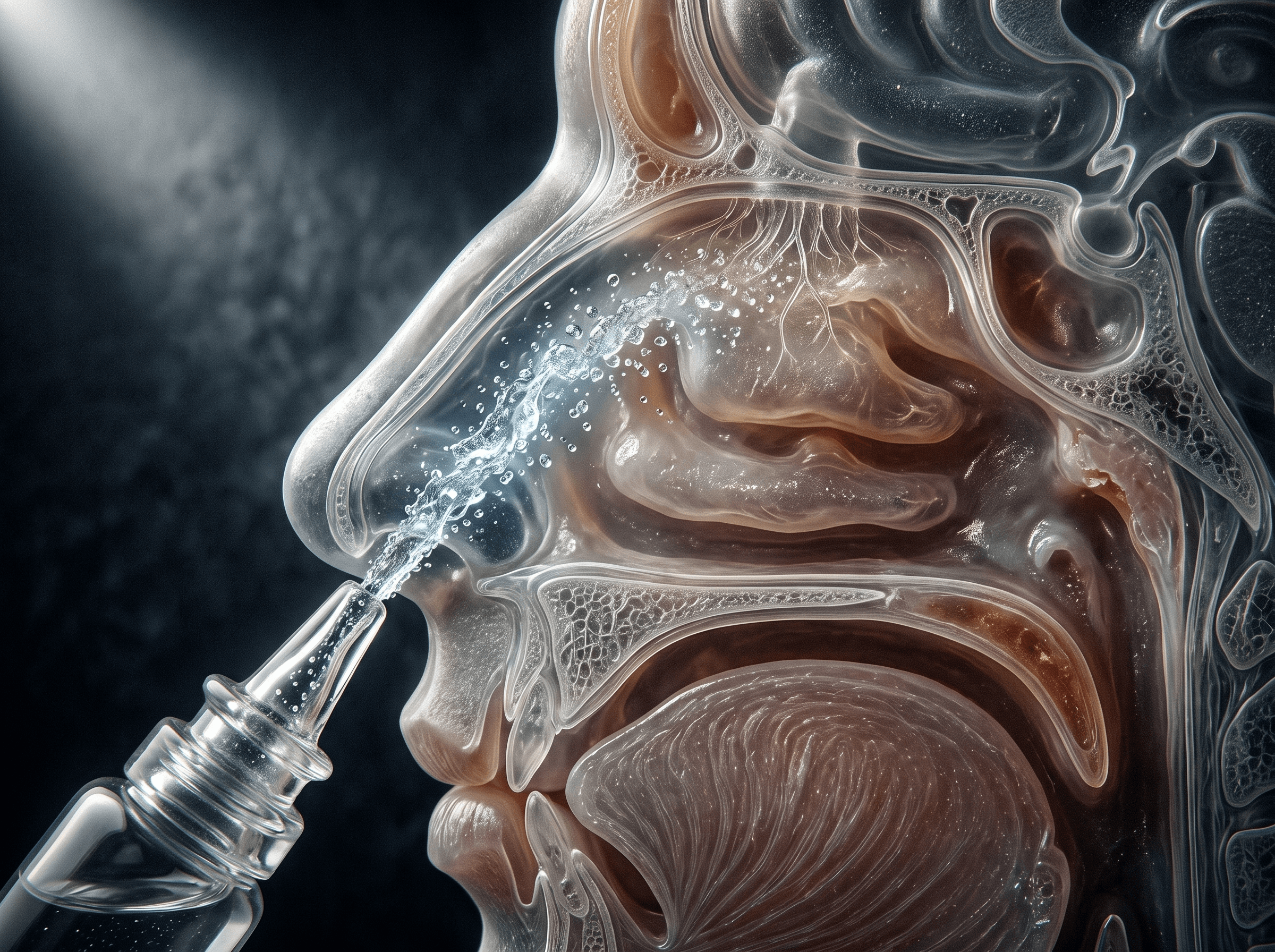 Nasal anatomy showing a metered spray entering the nasal cavity.