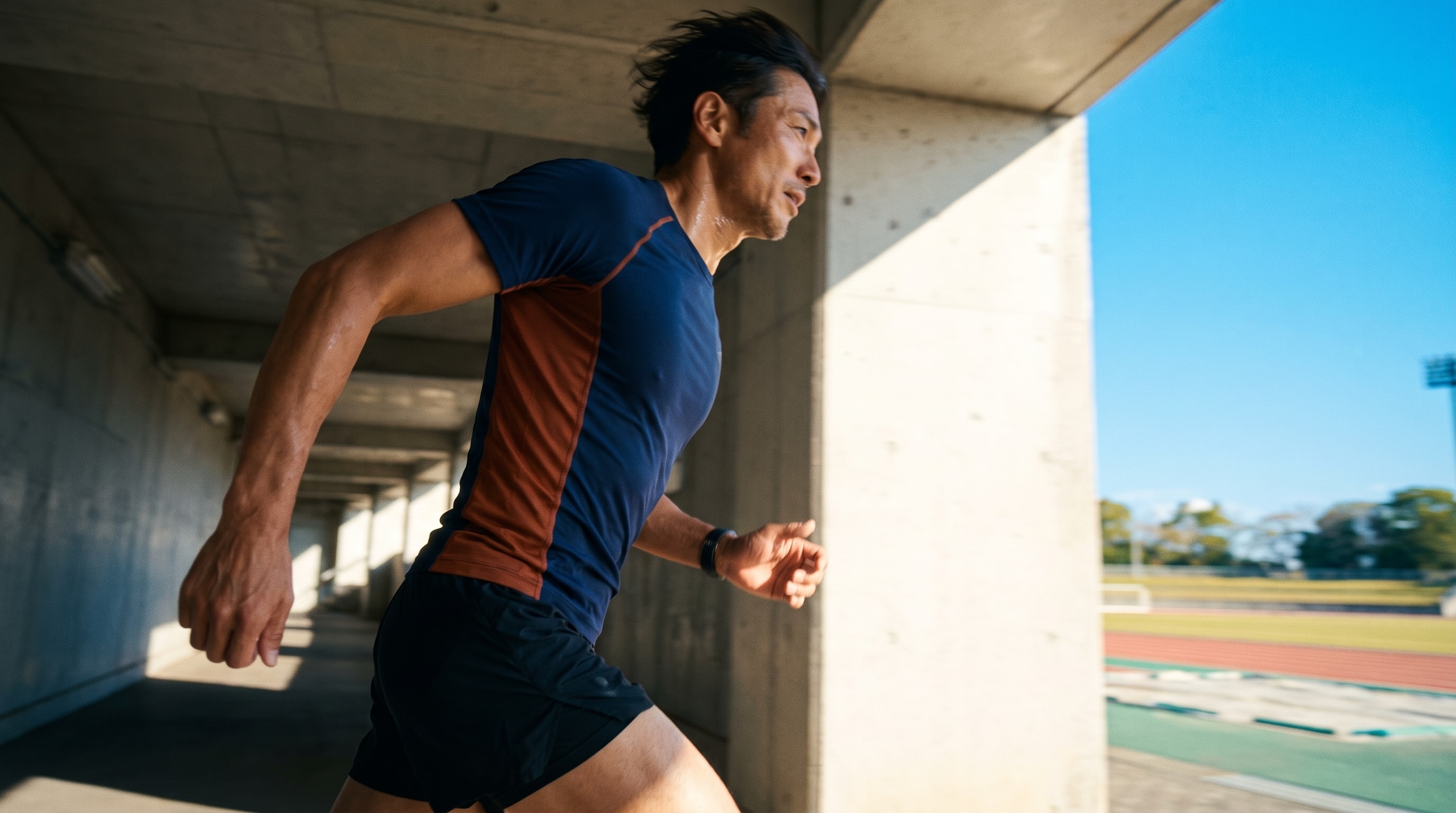 A runner accelerates through a bright concrete underpass.