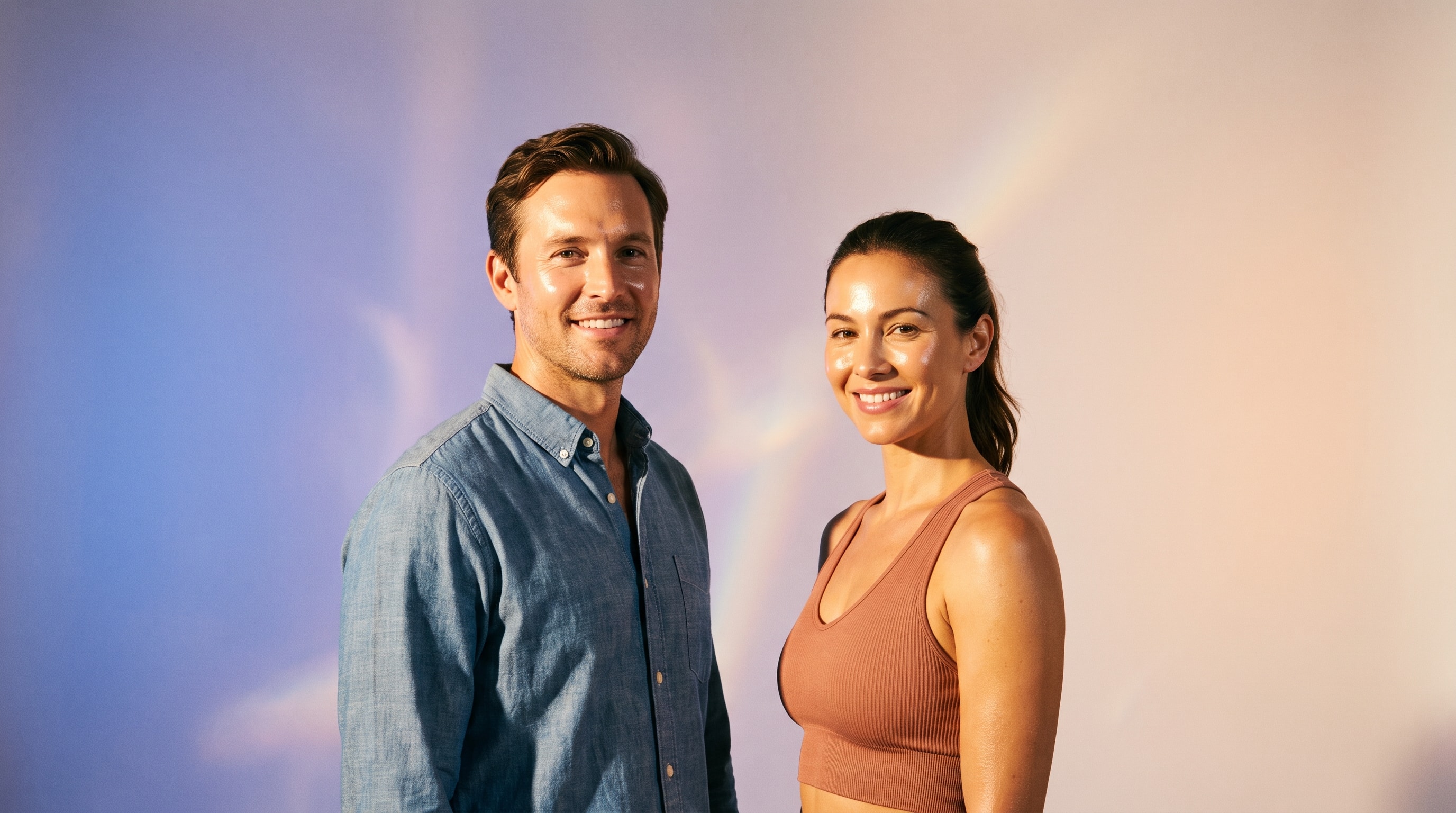 A man and a woman standing together, looking at each other