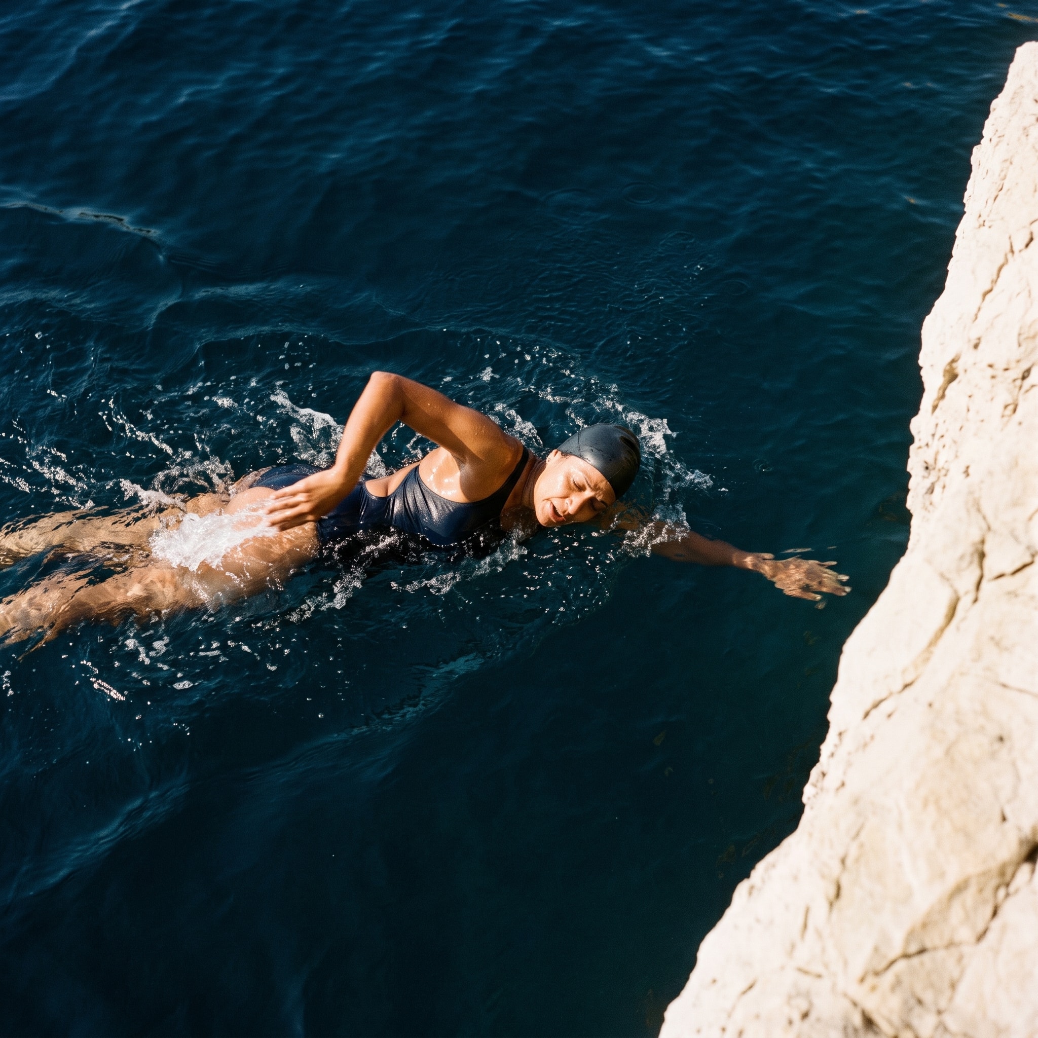 An open-water swimmer moves beside a pale rock shelf.