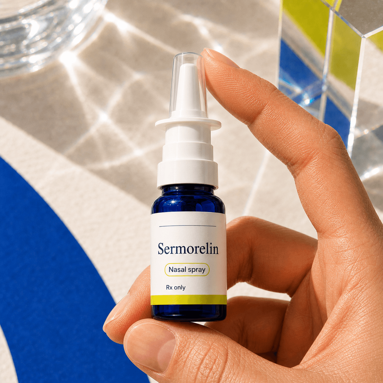 Sermorelin nasal spray bottle on a cobalt track-inspired surface