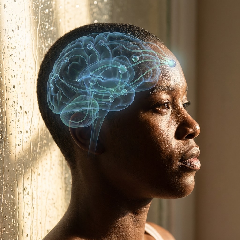 Profile of a person with a luminous signal overlay tracing to the pituitary