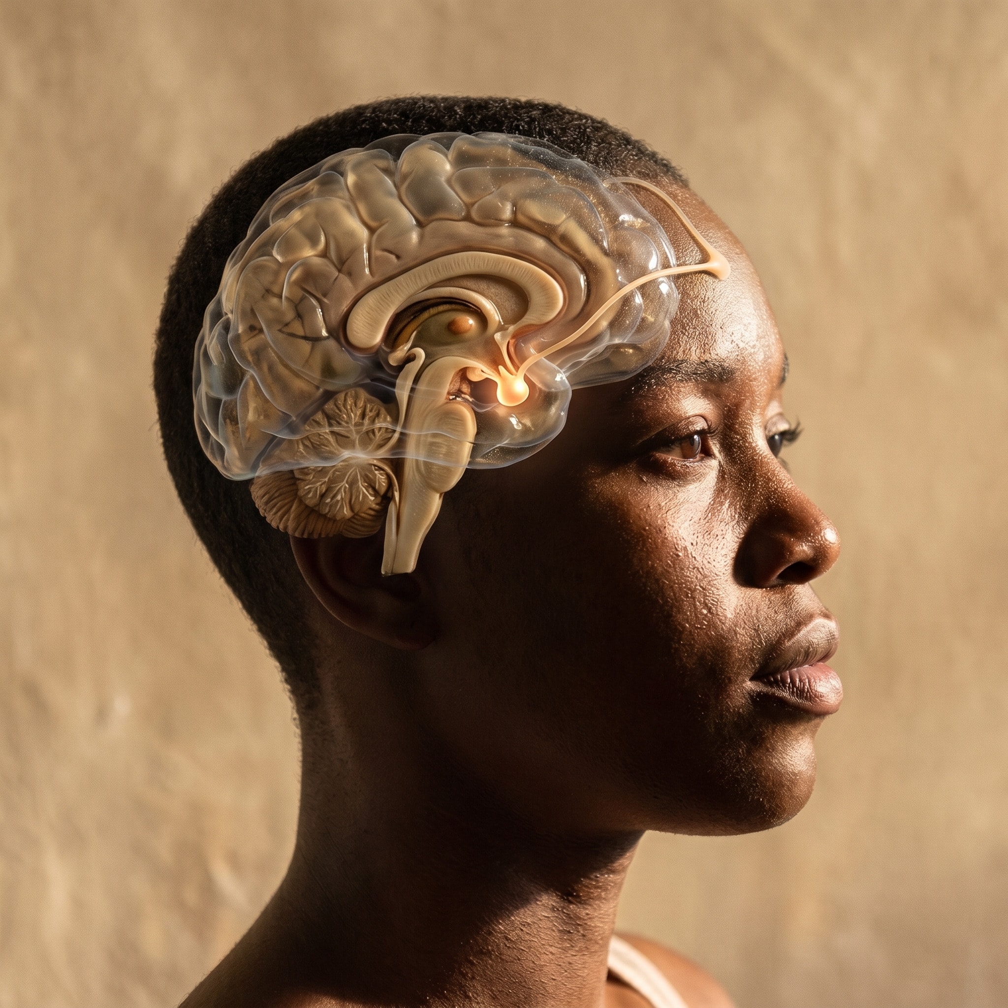 Profile of a person with a luminous signal overlay tracing to the pituitary