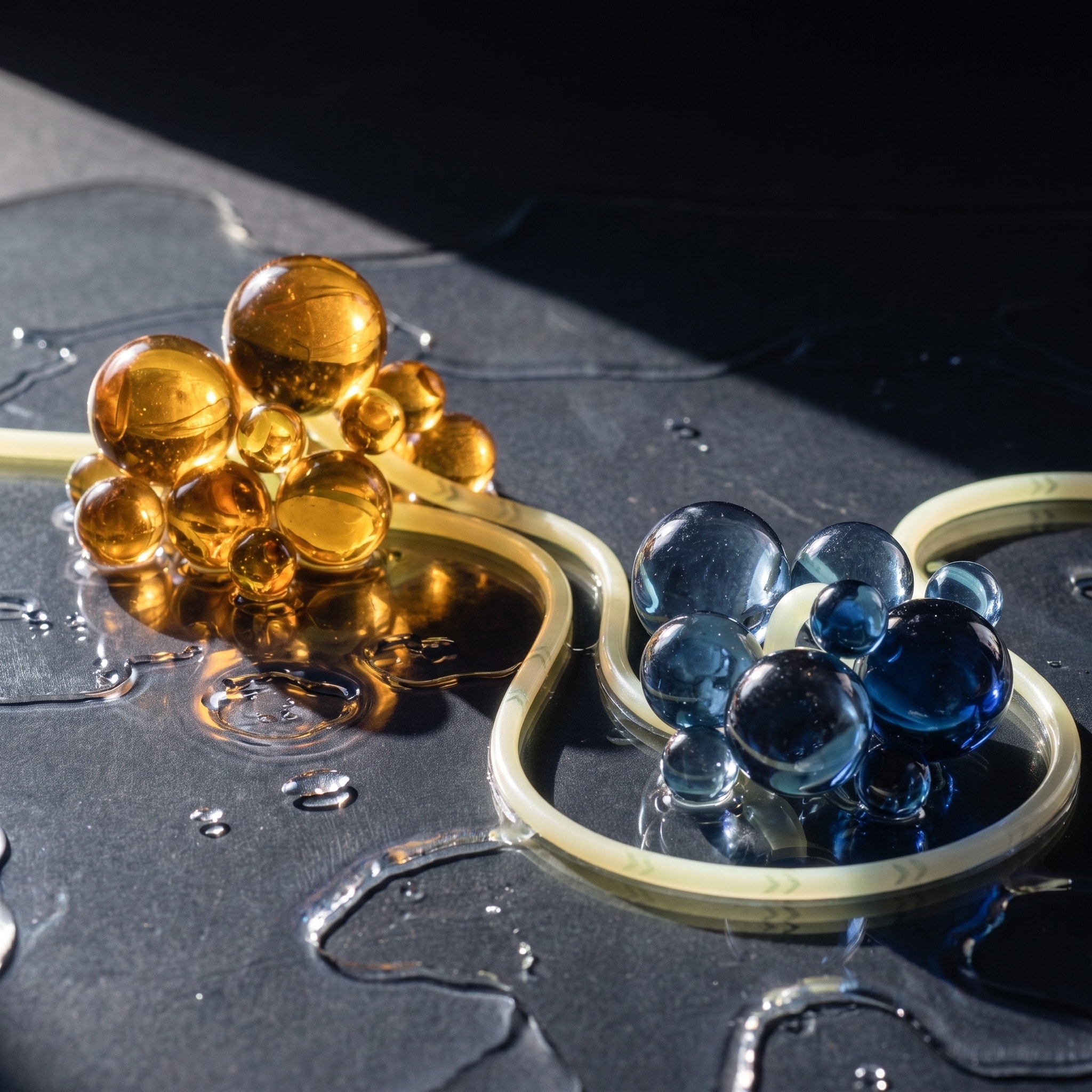 Amber glass orbs converting along a luminous signal path to cobalt orbs, representing GH to IGF-1 conversion