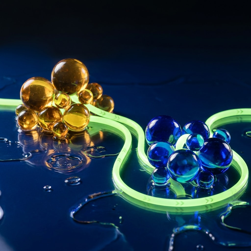 Amber glass orbs converting along a luminous signal path to cobalt orbs, representing GH to IGF-1 conversion
