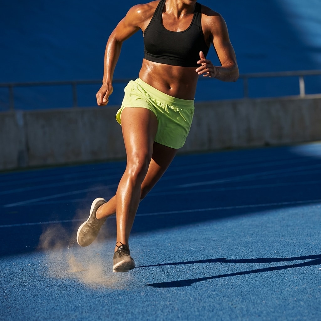 Athlete running on a cobalt track in hard sunlight
