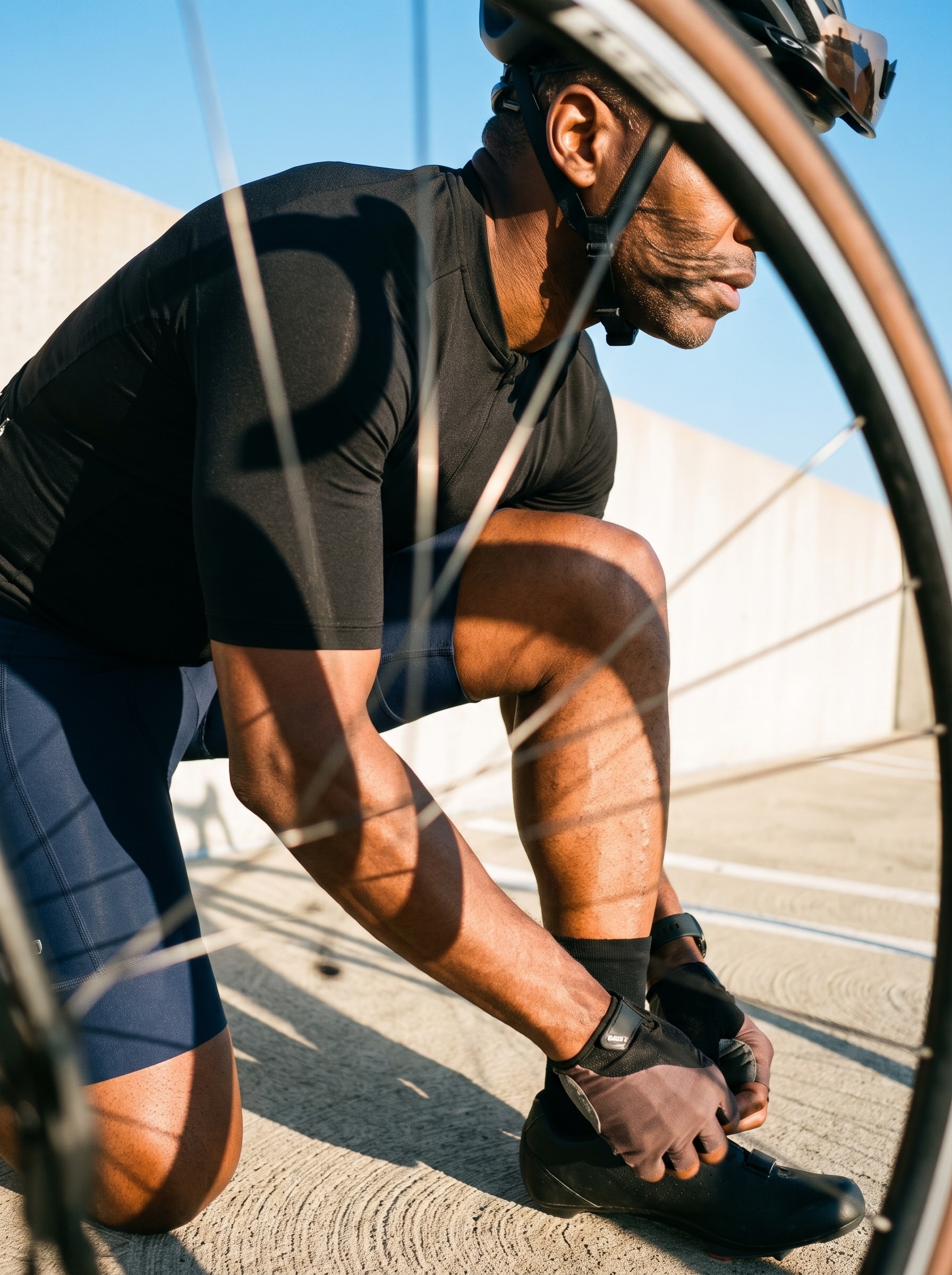 A cyclist prepares gear beside a wheel in hard sunlight.