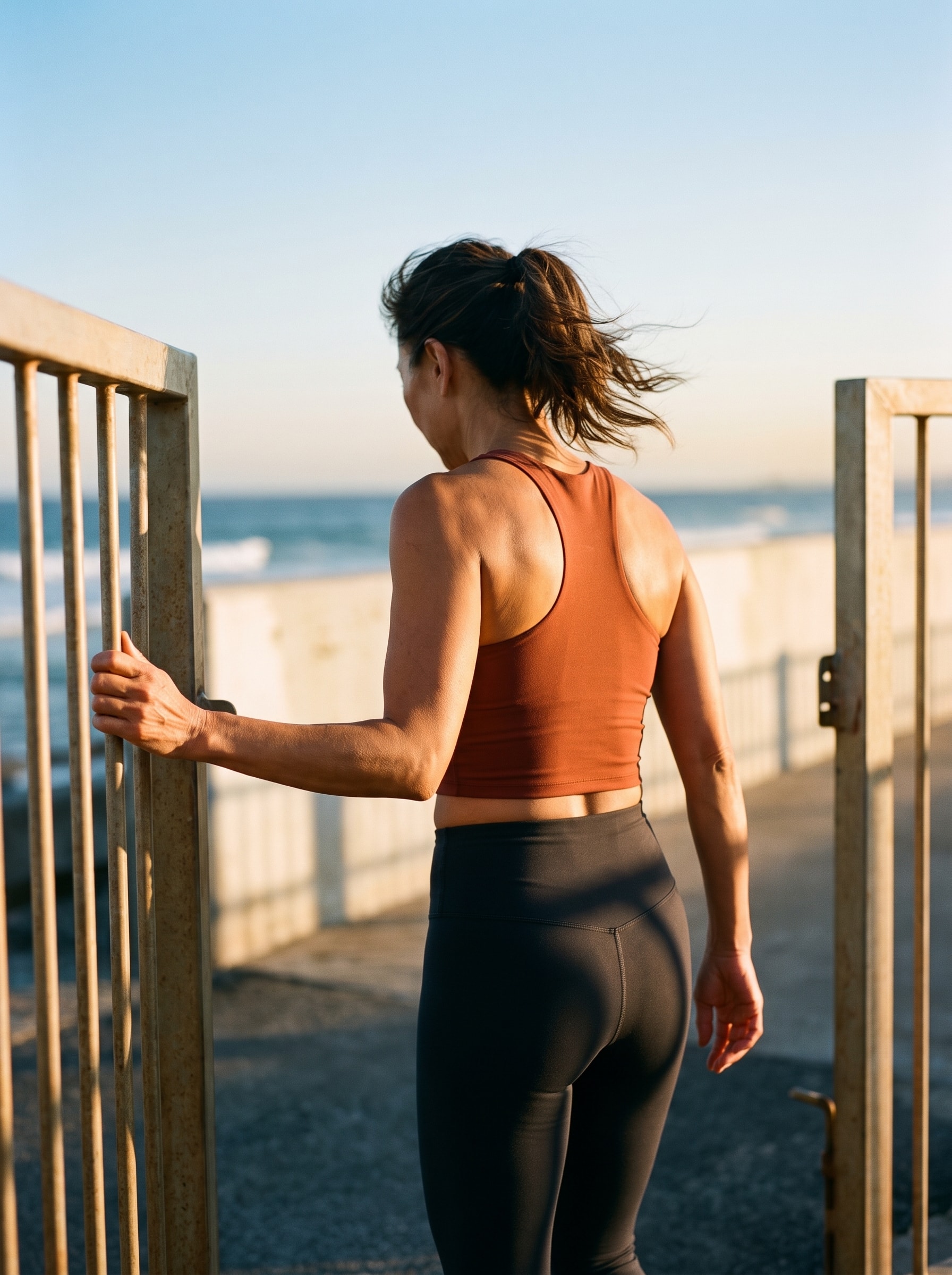 An athlete closes a coastal gate in late afternoon light.