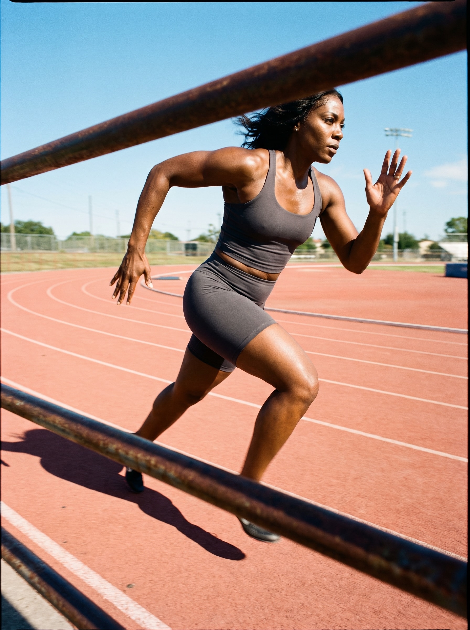 An athlete sprints on a bright outdoor track.