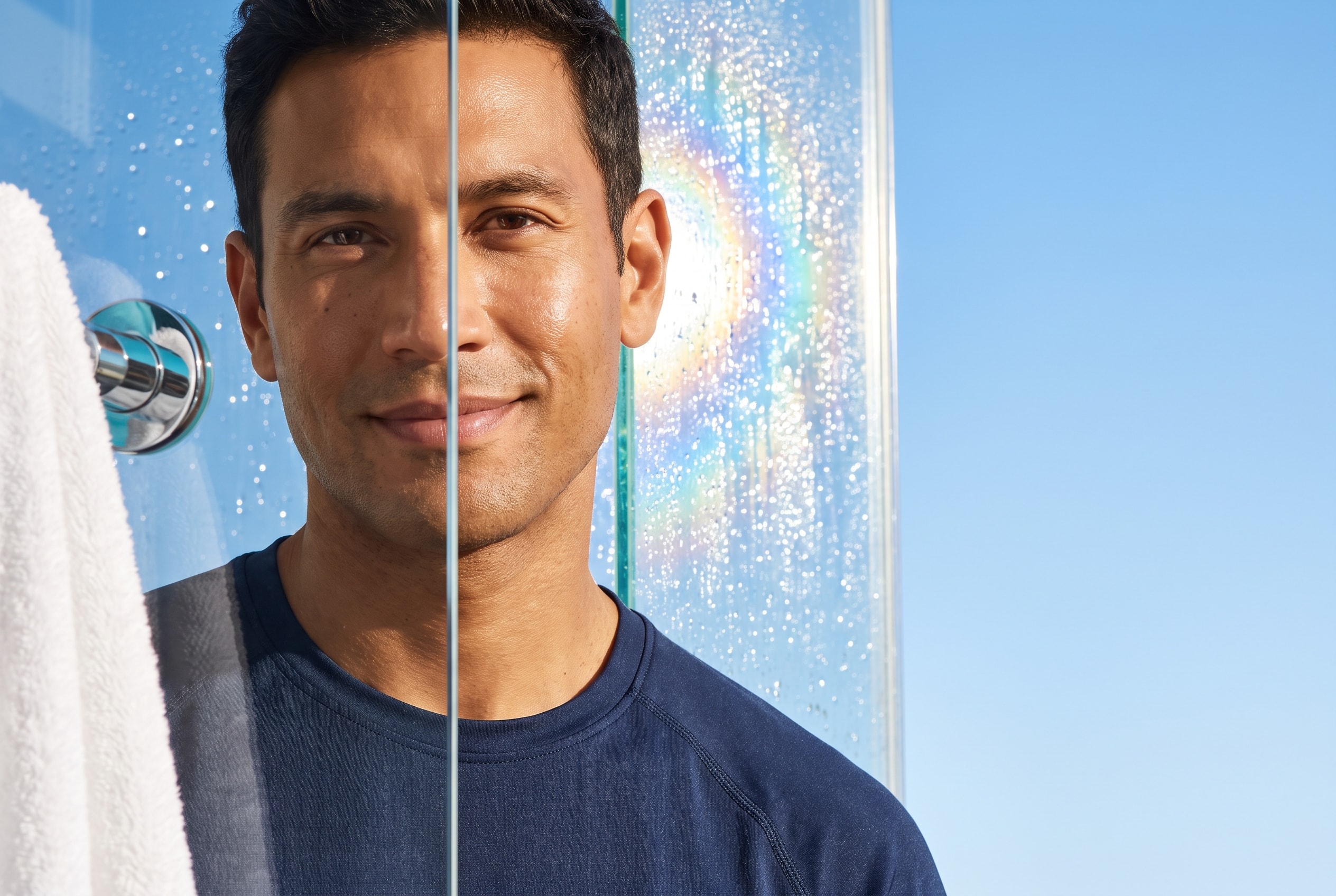 Adult in navy activewear beside sunlit glass beaded with water droplets in warm morning light.