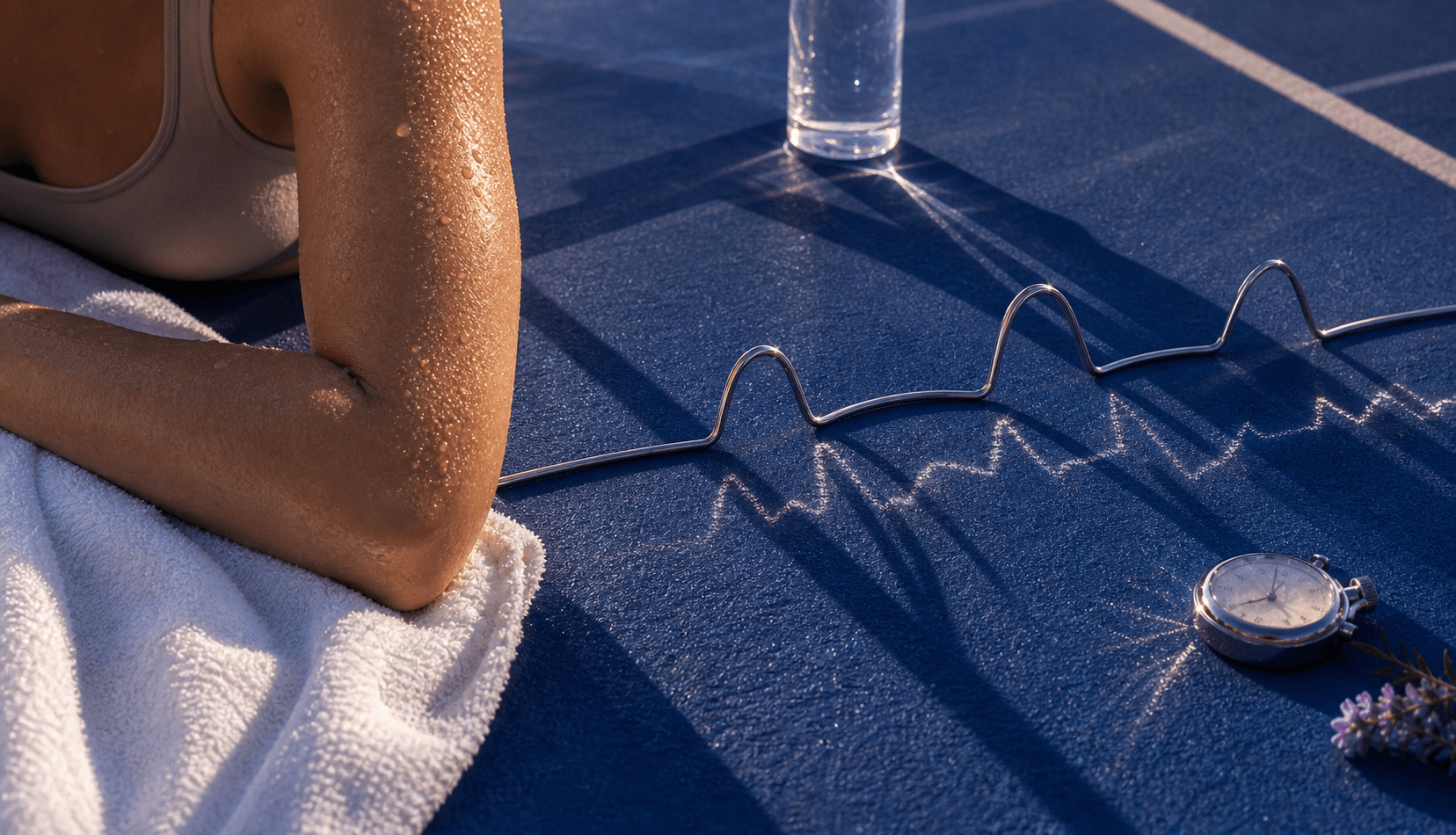 Sermorelin recovery still life with a chrome pulse line on a cobalt track, glass refraction, towel texture, and a resting arm.