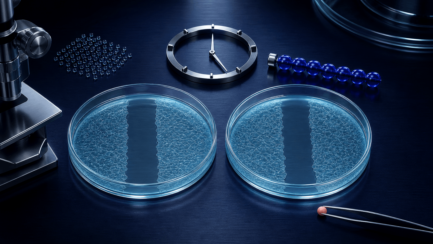 Three laboratory scratch-assay wells shown after eight hours.