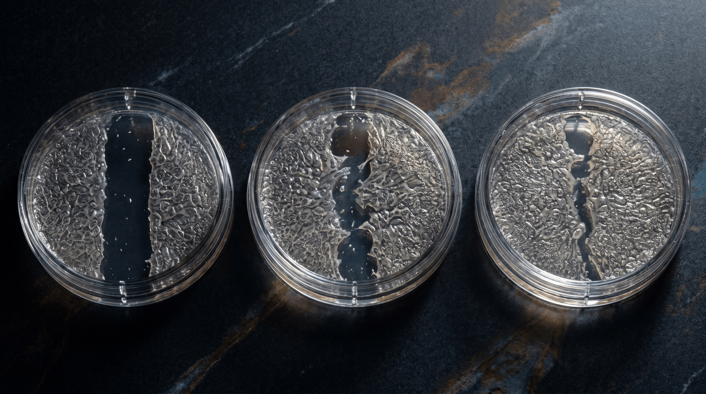 Three laboratory scratch-assay wells shown after eight hours.