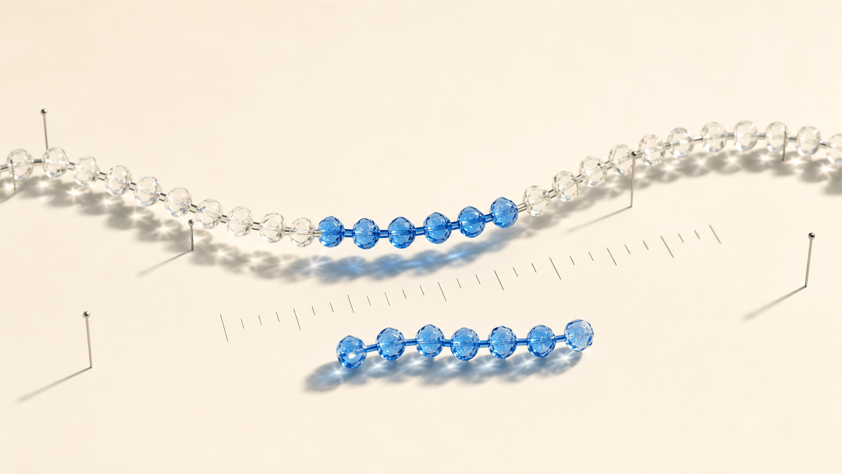 A long glass parent-peptide chain with one seven-bead fragment highlighted and isolated.