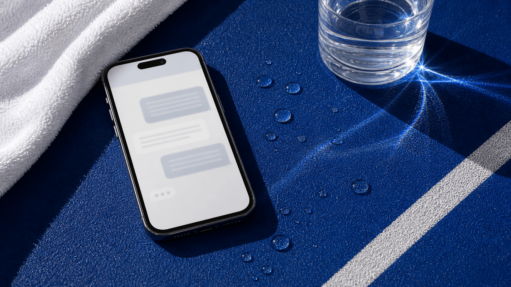 Smartphone showing a care-team message thread beside a towel and glass of water on a blue track.