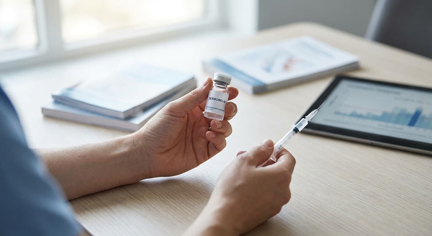 Sermorelin injection vial beside a folded recovery towel