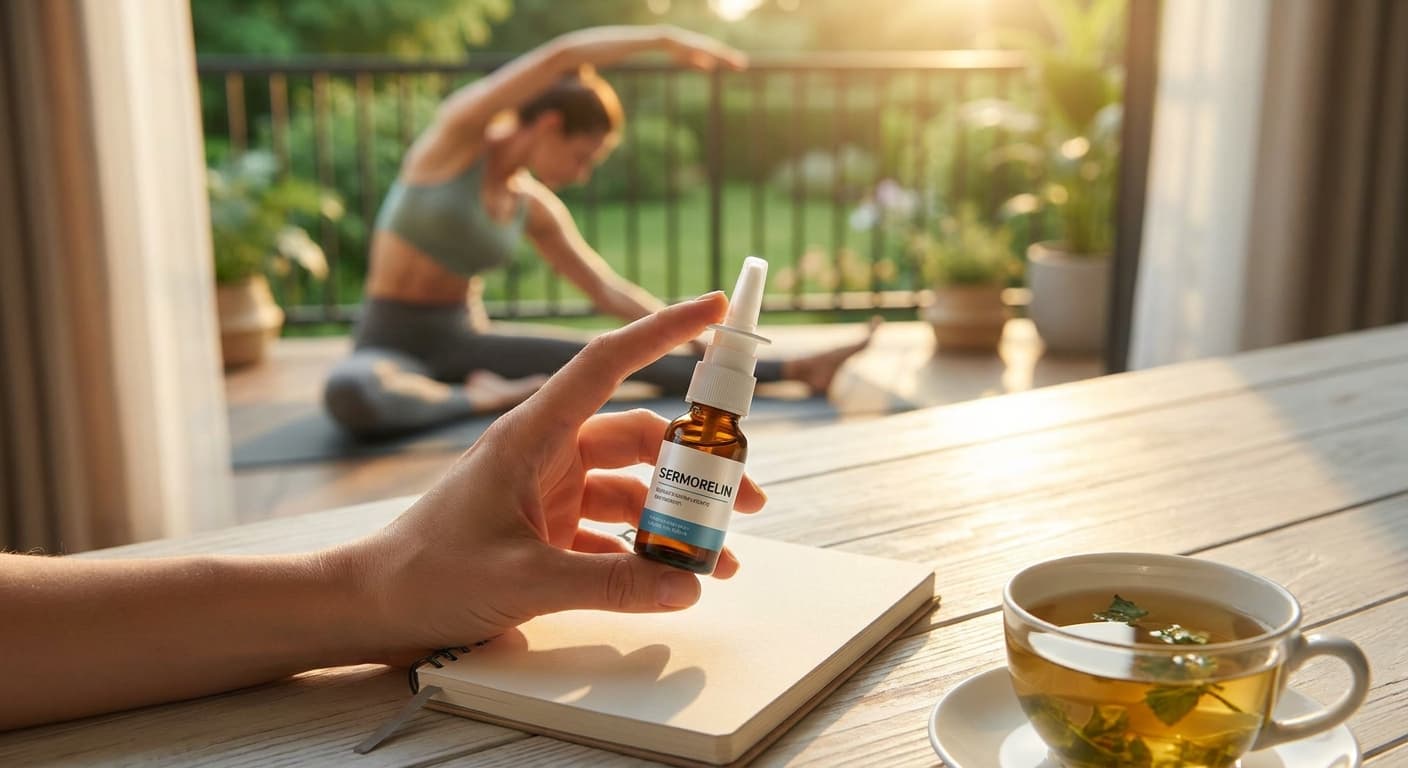 Sermorelin nasal spray bottle beside a bright blue glass form