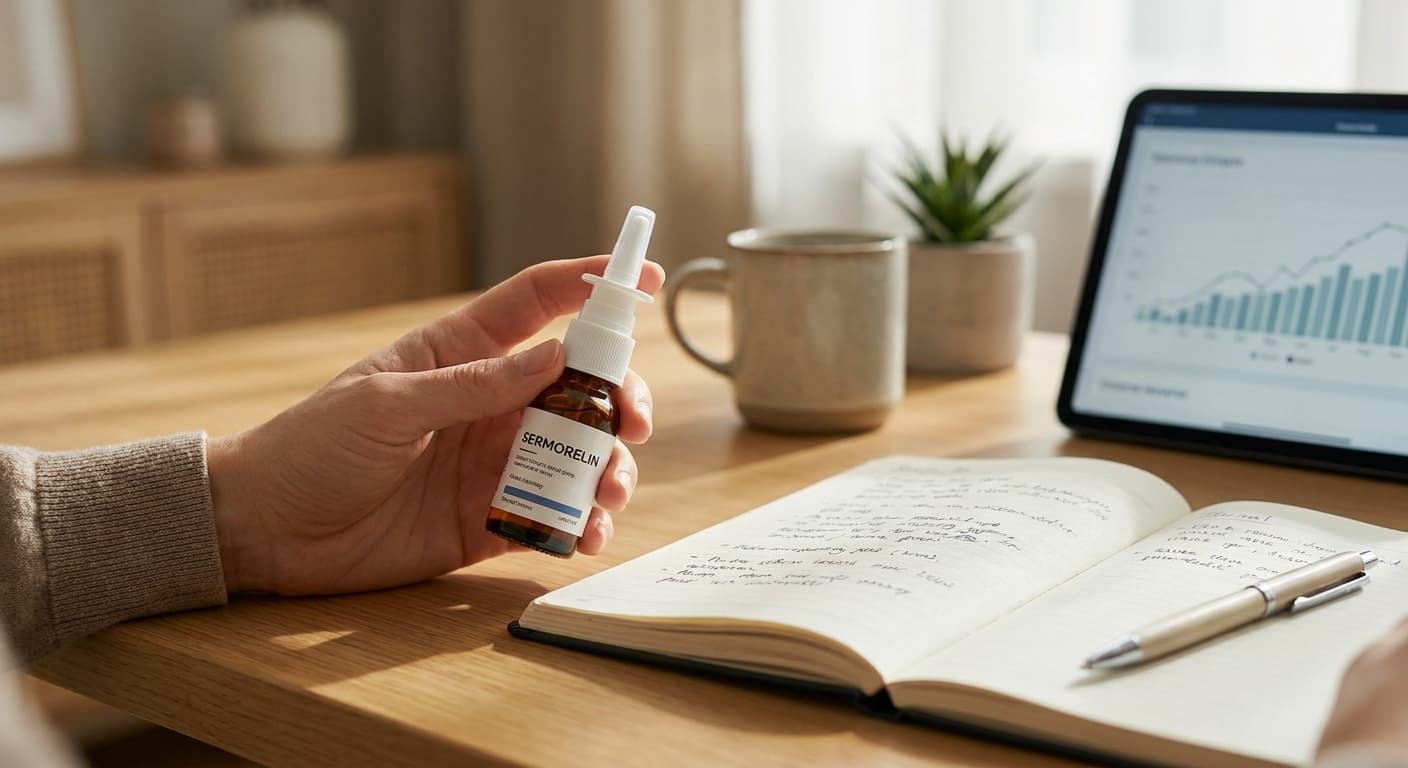 Morning light crossing a bedside table with a sermorelin nasal spray bottle