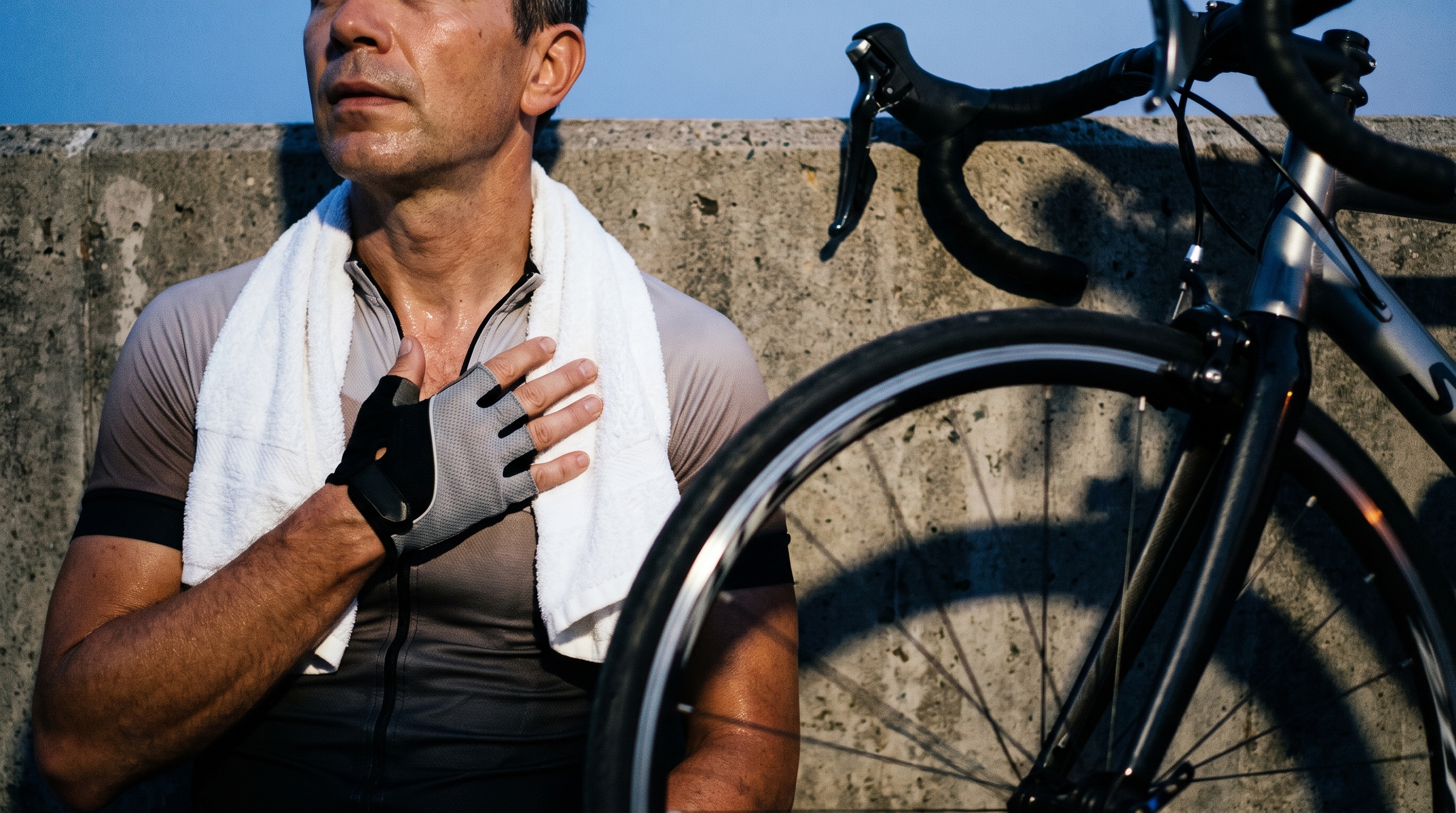 Cyclist checking his breathing beside a bicycle after exertion.