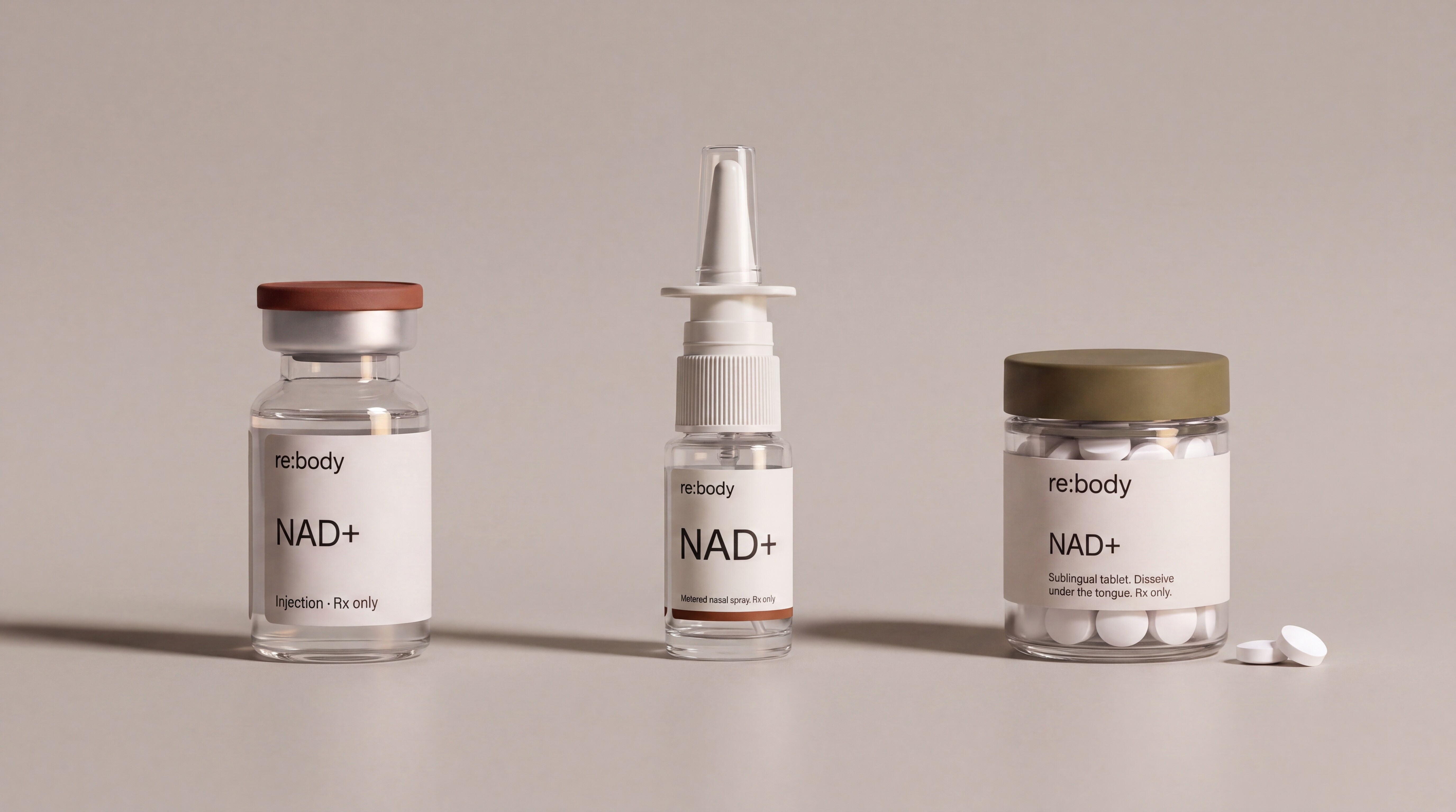 Rebody NAD+ injection, nasal spray, and sublingual tablet formats photographed together.