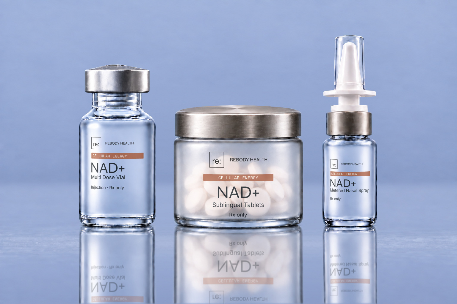 Rebody NAD+ injection, nasal spray, and sublingual tablet formats photographed together.